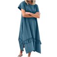 thumbnail image 2 of Ovzne Robes pour Femmes Robe de Plage Robe d'Été pour Femmes à Manches Courtes Imitation Coton et Lin Col Rond Couleur Unie Poches Ourlet Fente Robe Robe de Printemps Robe Courte Liquidation, 2 of 6