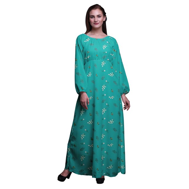 Bimba Robe Maxi à Manches Longues pour Femmes en Georgette Mousse Imprimée de Feuilles de Pacanier, Taille Élastique - XX-Grand