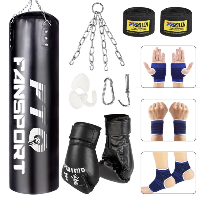 Bangcool Punching Bag Set Hanging Creative Boxing Sandbag Boxing Gloves Training Gloves. Features a durable black nylon and PU leather punching bag with chain and hook for hanging, black boxing gloves, blue wristbands, hand guard bands, foot protection bands, and a sports mouth guard. Ideal for boxing, Muay Thai, MMA, kickboxing training, and general exercise equipment for fitness enthusiasts.