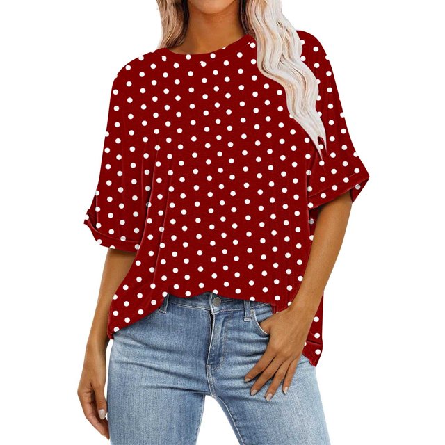 Diufon Hauts Grande Taille pour Femmes Été Décontracté Manches 3/4 Col Rond Chemises Amples Imprimé à Pois Doux