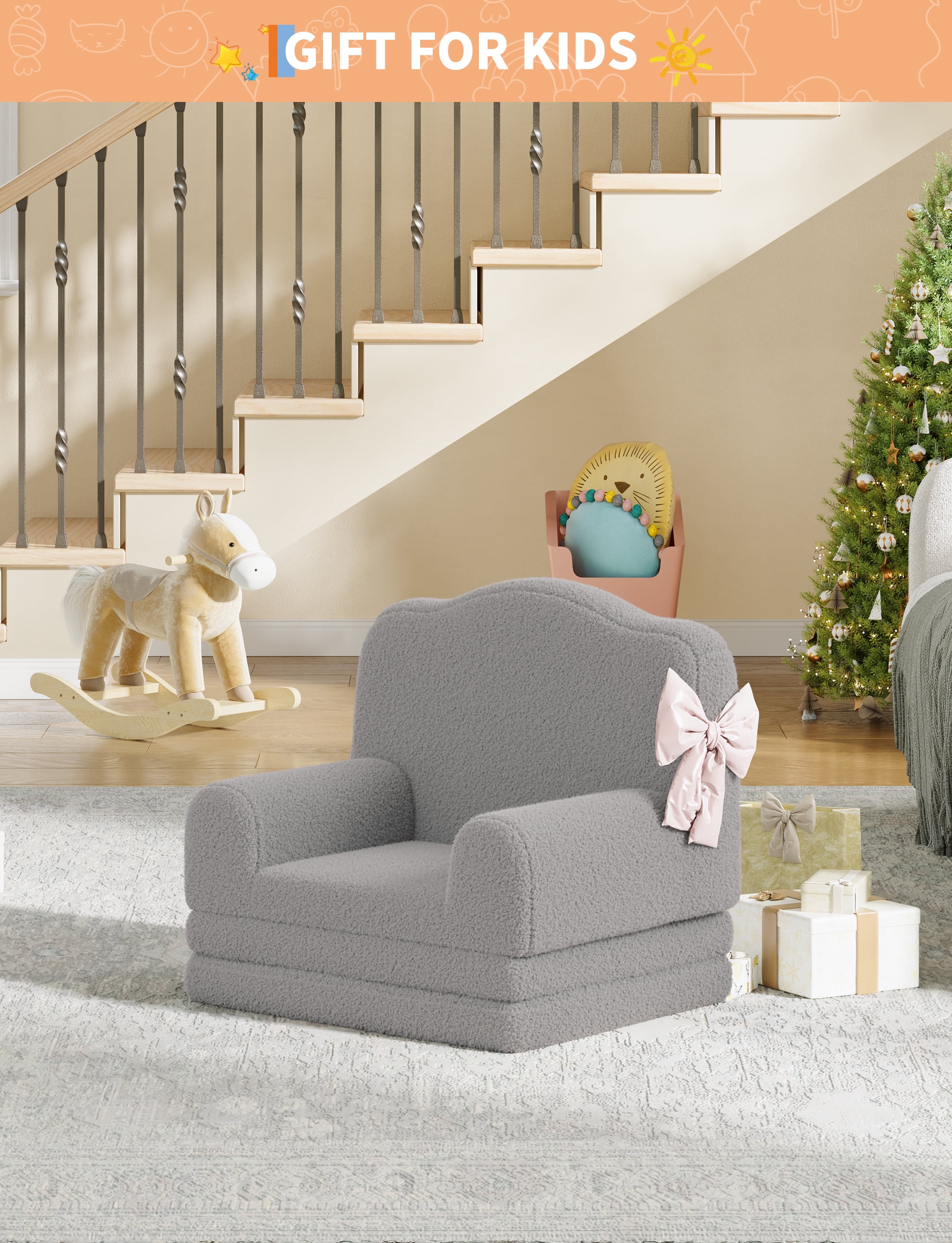 2-in-1 Convertible Kids Sofa Chair – Soft Sherpa Upholstery – Fold Out Toddler Couch & Lounger – Crown Design, Comfortable Sofa Bed – Washable Cover – Gray (2106-9)