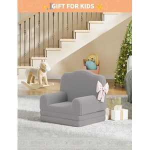 2-in-1 Convertible Kids Sofa Chair – Soft Sherpa Upholstery – Fold Out Toddler Couch & Lounger – Crown Design, Comfortable Sofa Bed – Washable Cover – Gray (2106-9)