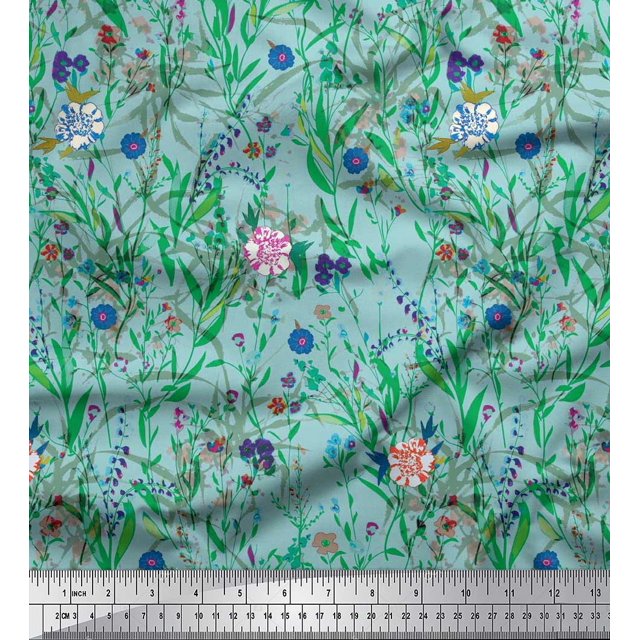 Soimoi Green polyester Crepe Fabric Leaves & Floral Print Fabric by The Yard 42 Inch Wide