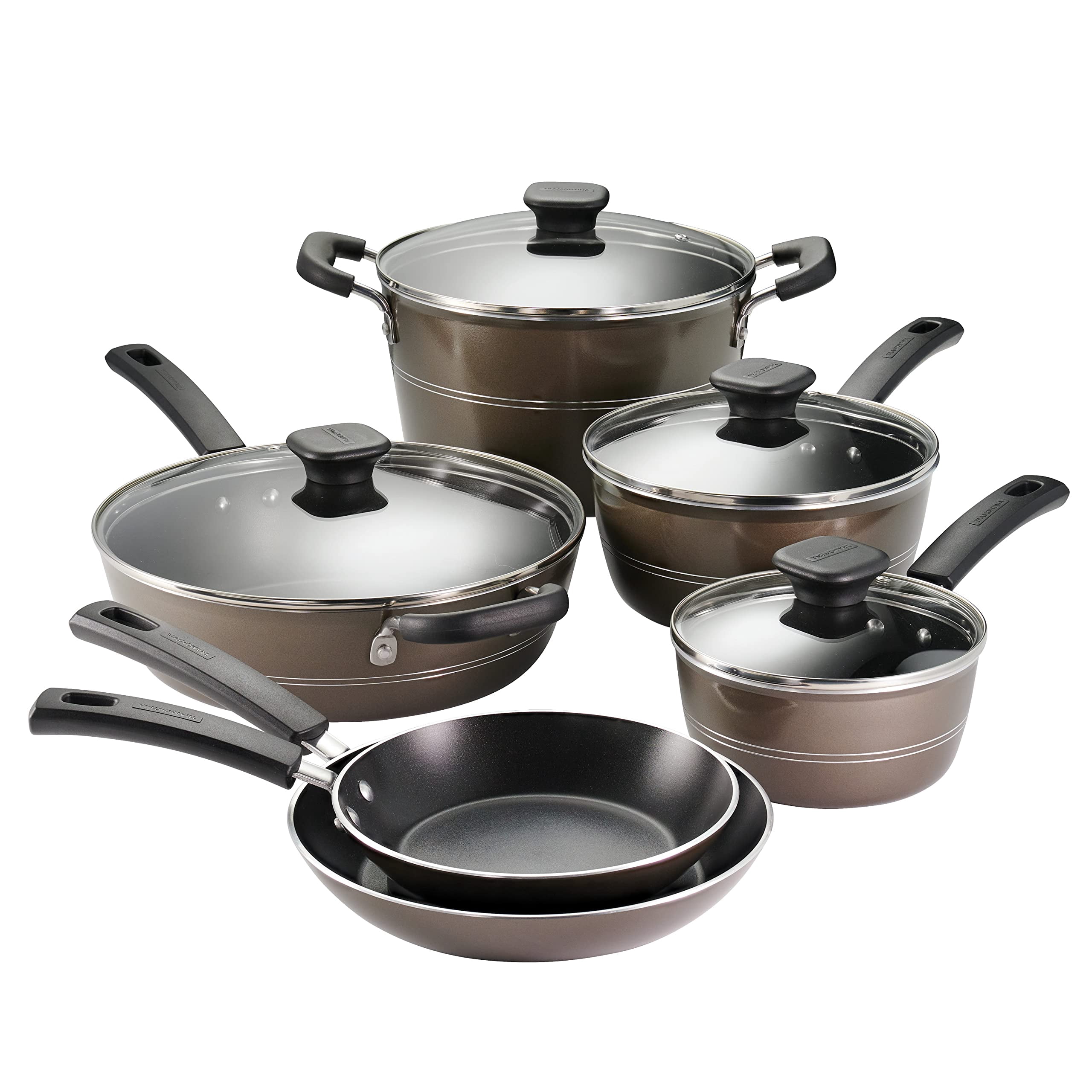 Tramontina Sicilia 10-Piece Non Stick Cookware Set with Glass Lids Aluminum Nonstick Pots and Pans Kitchen Set (Hazelnut)