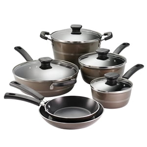 Tramontina Sicilia 10-Piece Ensemble d'articles de cuisine non-collant avec des plaques de verre en aluminium Kit antiadhésif et poêles (Hazelnut)