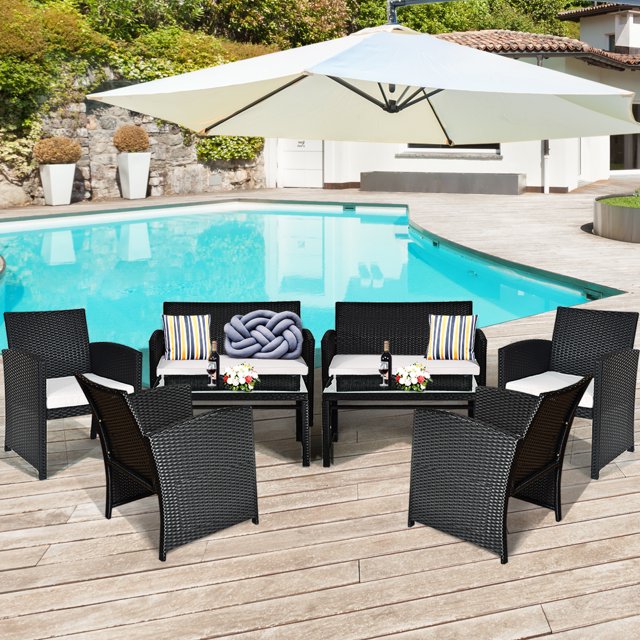 Costway 8PCS Patio Rattan Furniture Conversation Set Cushioned Sofa Table Garden