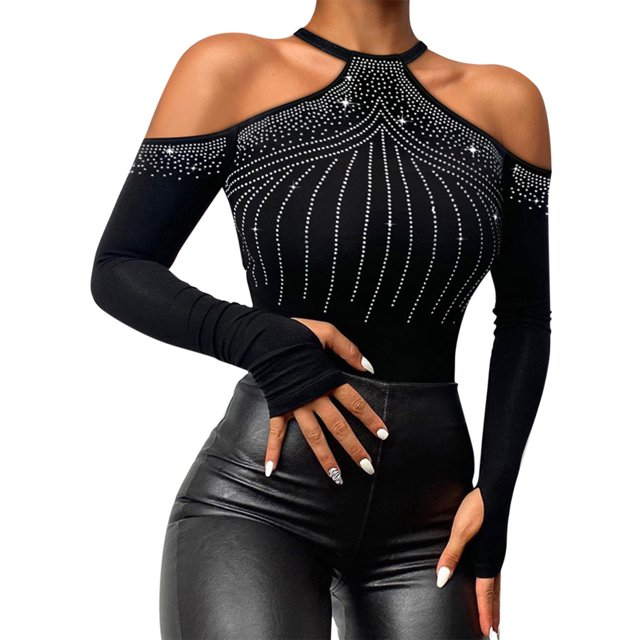 Chemisier Mode Femme avec Strass Manches Longues Épaules Dénudées