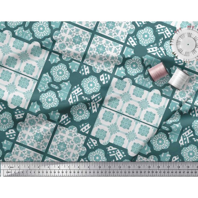 Soimoi Modal Satin Fabric Check & Quatrefoil Patchwork Print Fabric by the Yard 42 Inch Wide