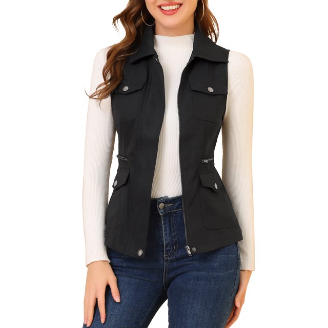 INSPIRE CHIC Veste Zippée pour Femme Sans Manches Anorak Gilet Utilitaire Veste avec Poches TP Noir