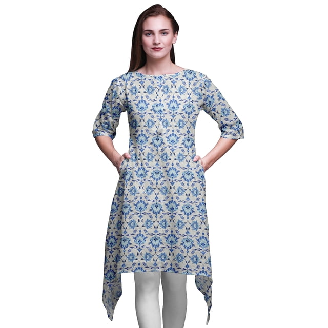 Bimba Kurti Asymétrique Blanche à Imprimé Floral Damassé pour Femmes, Robe d'Été Indienne Tunique Grande