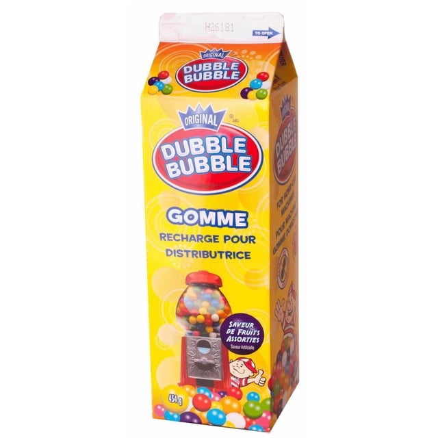 Dubble Bubble carton de Recharge Format machine à Boules de Gomme en Jaune Vif Présentant le logo Dubble Bubble et des Boules de Gomme Assorties Colorées à Saveur de Fruits à l'Intérieur d'Une illustration de machine à Boules de Gomme Rouge, Poids de 454 g, Texte Bilingue Français-Anglais, Idéal pour Remplir des Distributeurs de Bonbons à Domicile et Adapté à la Collation Directe.