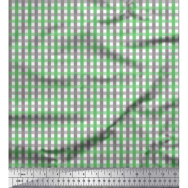 Soimoi Green polyester Crepe Fabric Window Pane Check Print Fabric by Yard 52 Inch Wide