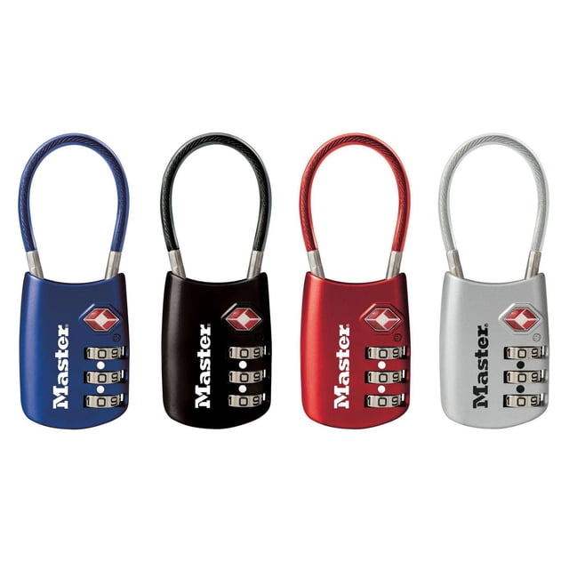 Master Lock Canada Master Lock Ensemble-Votre-Propre Cadenas à Combinaison pour Bagages #4688D en Bleu, Noir, Rouge et Argent. Chaque Cadenas Présente une Corps Métallique de 1-3/16 Pouces de Large, Manille flexible en Acier Tressé Enduit de Vinyle pour Câble, Combinaison à Trois Cadrans et logo TSA red diamond pour une protection Sécuritaire et Sans Clé des Bagages pendant le Voyage.