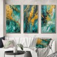 thumbnail image 1 of Designart "Golden Turquoise Breakers Abstract Waves V" Abstract Shapes Framed Wall Art Set Of 3 - Gold Transitional Frame Canvas Set For Living Room Decor, 1 of 6