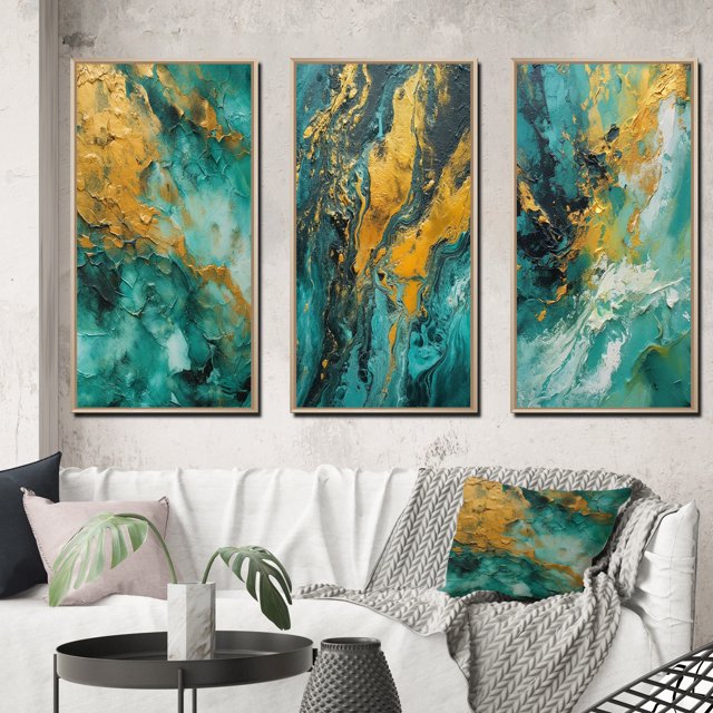Designart "Golden Turquoise Breakers Abstract Waves V" Abstract Shapes Framed Wall Art Set Of 3 - Gold Transitional Frame Canvas Set For Living Room Decor