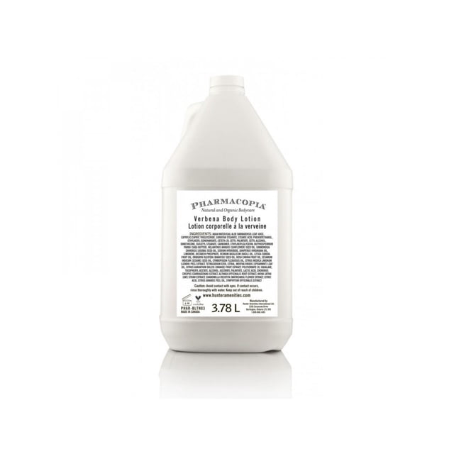 Body Lotion Verbena PHARMACOPIA Gallon/ 3.78L, a large white container with a pump-compatible design. The label highlights its natural and organic ingredients, paraben-free and toxin-free formulation, and suitability for all ages. This moisturizing lotion is ideal for body care in luxury hotels and eco-conscious households.