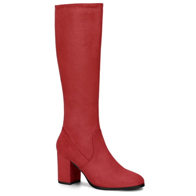Unique Bargains Bottes Hauteur Genou à Talon Bloc à Bout Rond pour Femmes Rouge 7