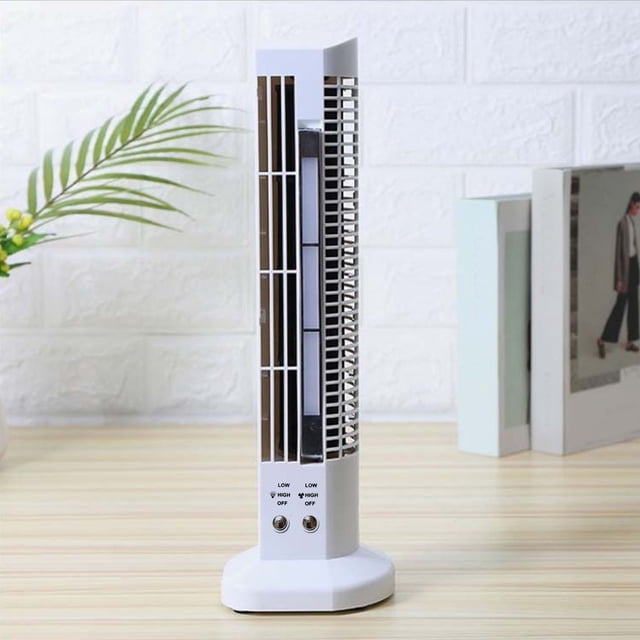 Dvkptbk Oscillating Tower Fan, a compact and modern white fan with a bladeless design, featuring three speed settings and a remote control. The fan is shown on a wooden desk in a home setting, with a white brick wall and decorative items in the background. Ideal for bedrooms, home offices, and dorms, it operates quietly and includes an auto-off timer for convenience.