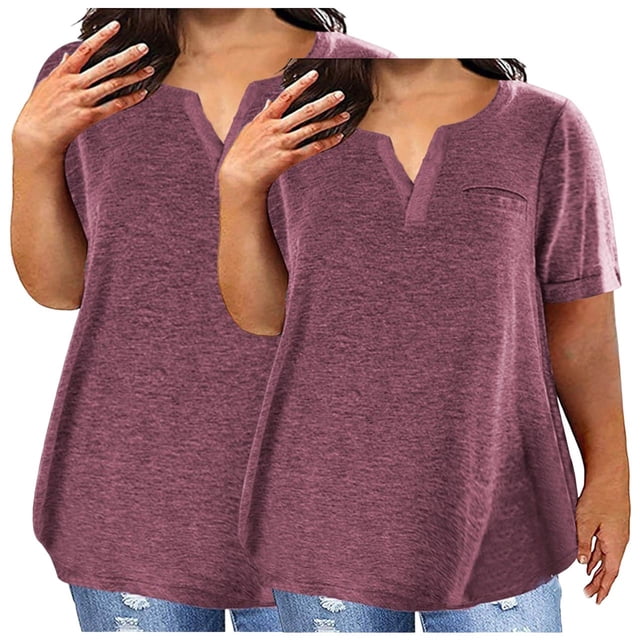Plebaso 2 Pack Hauts Grande Taille pour Femmes Col en V Manches Courtes Tee Tops Blouses Décontractées Confortables pour Femmes