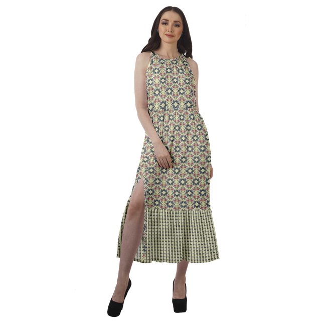 Moomaya Robe de Vacances pour Femmes en Rayonne, Col Licou, Sans Manches, Fente avant, Robe Imprimée