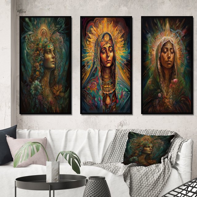 Designart "Holy Mary Radiating Aura IV" Christianism Framed Wall Art Set Of 3 - Green Traditional Frame Gallery Wall Set For Home Decor