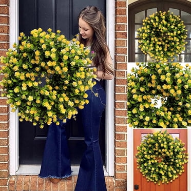 SIfdSeng Leaf Garland Outdoor Spring and Summer Pure Yellow Wreath Flower Pure Yellow Wreath Door Hanging Home Decoration Spring and Summer Wreath Farmhouse Door Front Decoration Farm Wreath（35Cm）