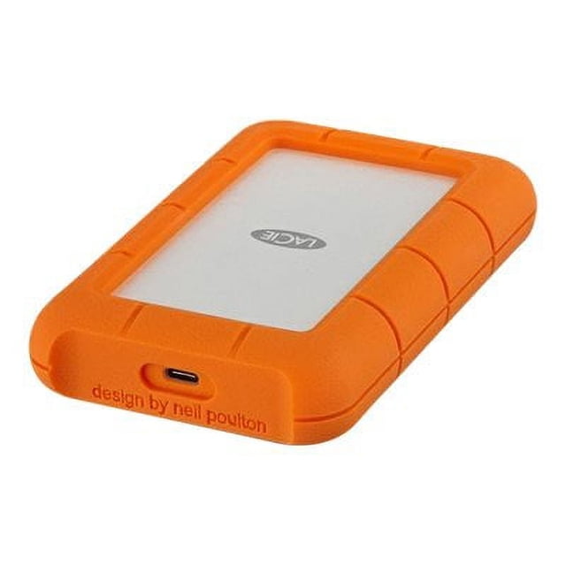 LaCie Rugged USB-C STFR5000800 portable external hard drive with 5 TB storage capacity, featuring a durable orange rubber casing that is rain, drop, and crush resistant. Offers USB 3.1 Gen 1 connectivity and includes 2 years Rescue Data Recovery Service Plan.