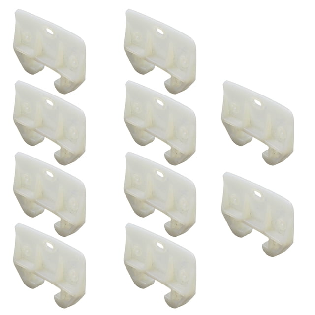 10pcs Plastic Drawer Track Guides Slides Replacement Furniture Parts. A set of ten white plastic drawer track guides, each measuring approximately 5.80x4.10x1.00cm (2.28x1.61x0.39 inches). These durable and wear-resistant guides are designed for easy installation and provide stability for cabinets and wardrobes. The simple design complements various home decor styles.