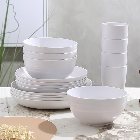 16-Piece Plastic Dinnerware Set with Bowls, Plates, and Cups in Solid Colors, Durable Drop-Resistant Tableware for Household Use