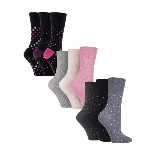 Gentle Grip - 9 Pairs Ladies Cotton Soft Top Patterned Non Elastic Crew Socks