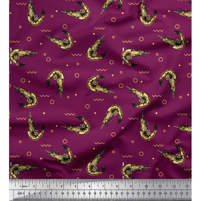 Soimoi Polyester Crepe Fabric Circle,Dot & Prawns Ocean Print Fabric by The Yard 42 Inch Wide