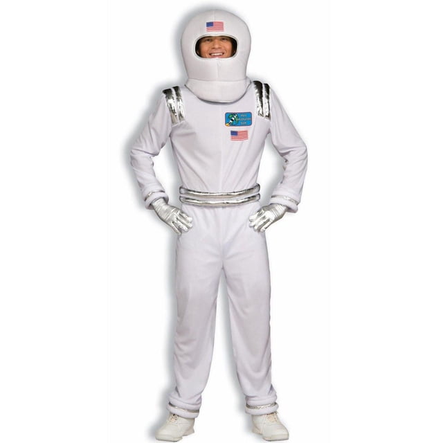 Astronaut Adult Costume with a white polyester jumpsuit featuring silver trim on shoulders, belt, and cuffs, silver gloves, and a soft helmet with an American flag patch and space mission badge on the chest, ideal for Halloween and space-themed parties.