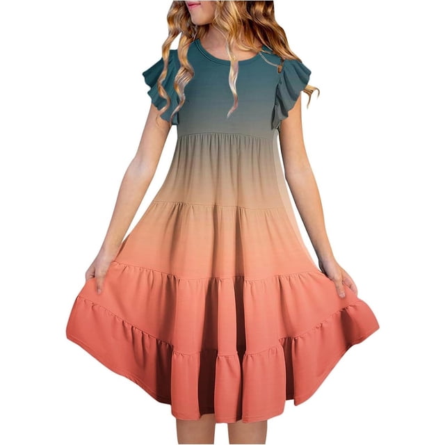 FhsagQ Robes Filles Été Dégradé Col Rond Manches Volantées Ligne à Étages Robe Décontractée Respirante Confortable Robe Ludique pour Enfants Tout-Petits Fête d'Anniversaire Tenue Quotidienne Orange 10-11 Ans