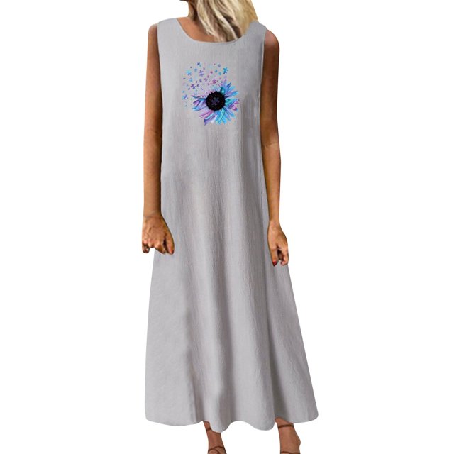RKSTN Robes pour Femmes 2023 Mode Été Décontracté Col Rond Sans Manches Jupes Maxi Poches Vacances Couleur Unie Plage Longue Robe avec Imprimé Graphique