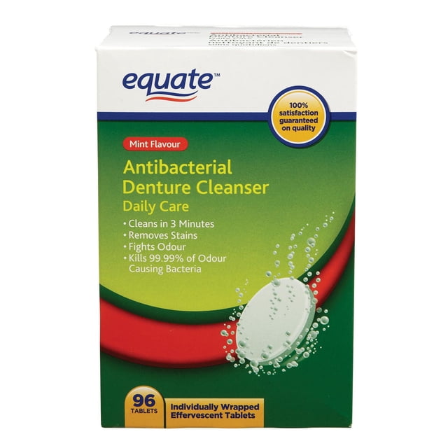 Equate Antibacterial Denture Cleanser Daily Care Mint Flavour front-facing view of boxed product and labeled bottle reading '96 individually wrapped tablets' with mint graphic; label notes cleans in 3 minutes, removes stains and fights odour. Suitable for routine cleaning of full or partial removable dentures and often used to freshen denture storage cases.