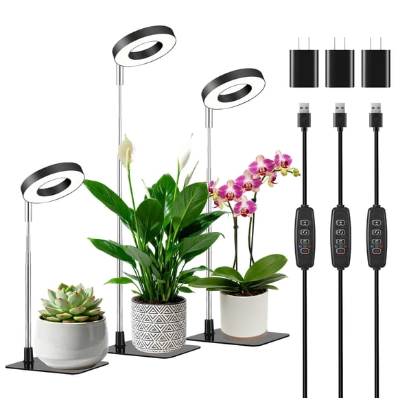 Hywyimlait 3 Pack Halo Grow Light for Indoor Plants - Height Adjustable 48 LED Full Spectrum Plant Light with Auto Timer, 3 Optional Spectrums & 10 Dimmable Levels (with Base)