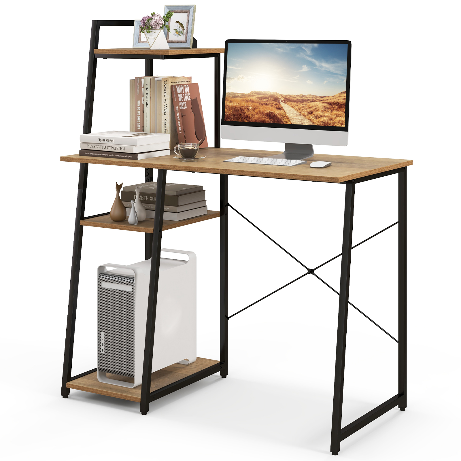 Patiojoy Computer Desk with 3-tier Storage Shelf Home Office Desk Writing Desk with CPU Stand Natural & Black
