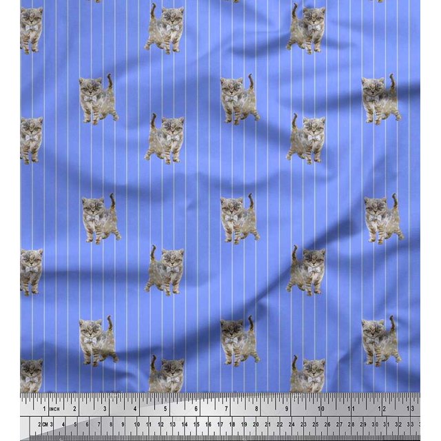 Soimoi polyester Crepe Fabric Stripe & Cat Animal Printed Fabric 1 Yard 42 Inch Wide