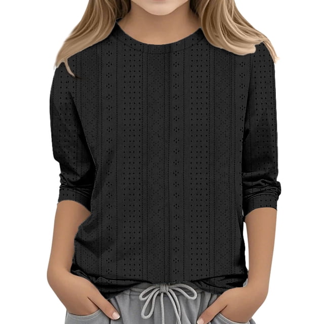 FAOWME T-Shirt Mode Fille Couleur Unie Col Rond Confortable Noir 4-5 Ans