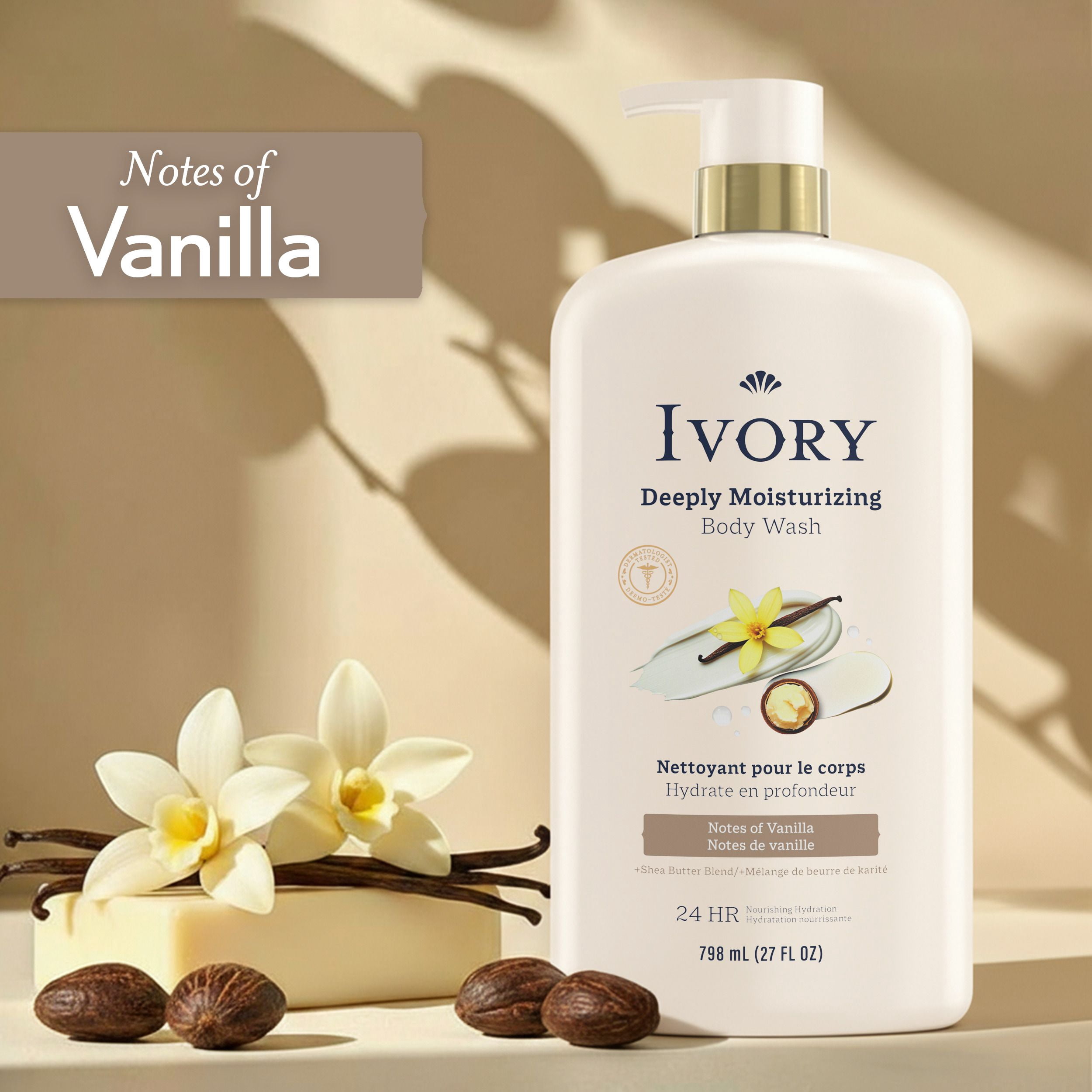 Nettoyant pour le corps Ivory Hydrate en profondeur, hydratation nourrissante pendant 24 h, apaise la peau sèche qui démange, fait d’un mélange de beurre de karité, parfum Notes de vanille, 798 mL