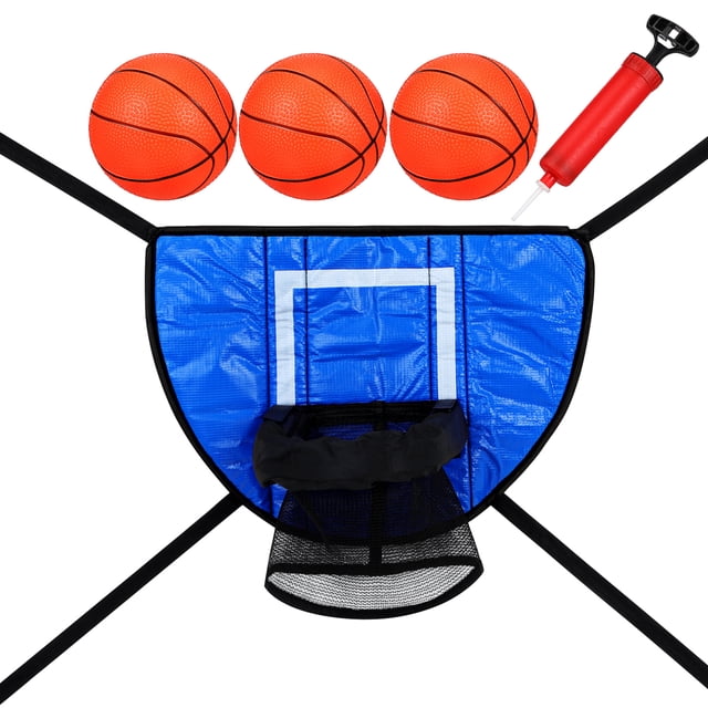 SHISUYAN 1 Set Kids Trampoline Basketball Hoop, featuring a blue PVC basketball hoop with a white outline, a black net, and adjustable straps for easy attachment to trampolines. Includes three orange basketballs and a red inflator for convenient setup. Designed for outdoor play, this accessory transforms trampolines into a mini basketball court, offering durable and space-efficient fun for children.