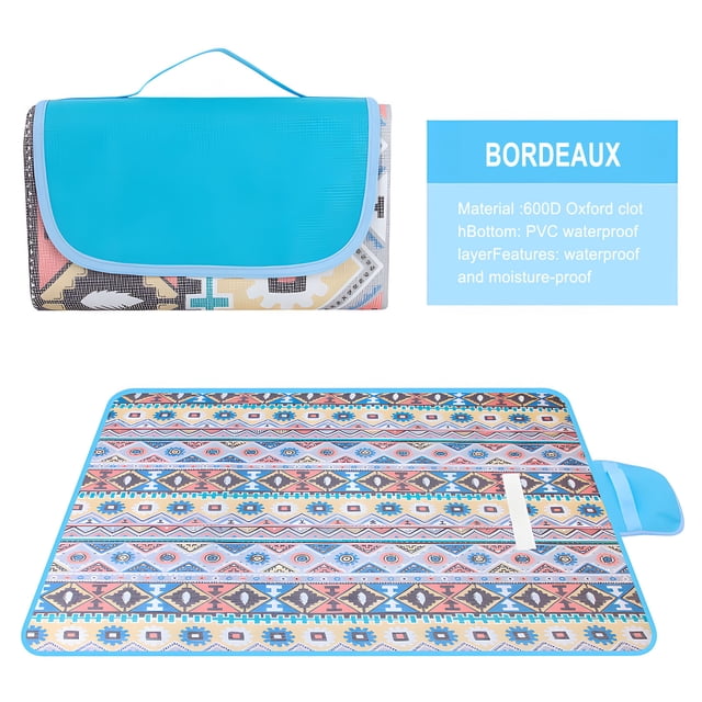 Rollout Outdoor Picnic Blanket with a vibrant geometric pattern and blue accents, crafted from durable 600D Oxford cloth with a waterproof PVC bottom layer. This extra-large blanket measures 150cm x 100cm and folds into a compact size with a carry handle. Ideal for beach, camping, hiking, park, and patio use, it is lightweight, sandproof, waterproof, and easy to clean.