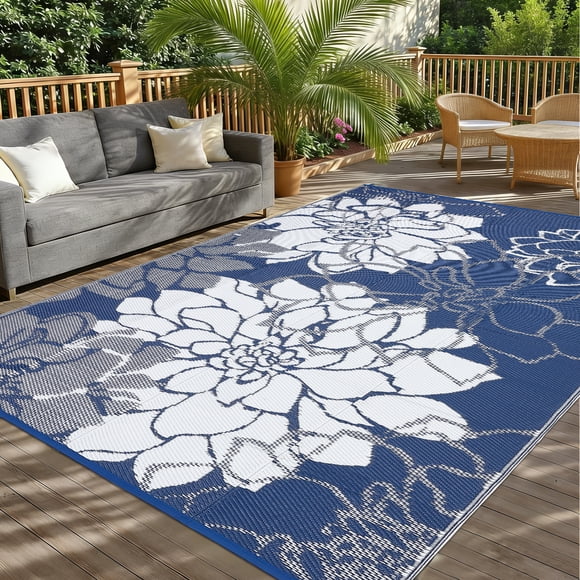 Nanan 9'x12' Outdoor Rug, All-Weather Waterproof Floral Pattern Patio Mat, UV & Stain Resistant, Easy Clean Plastic Rug for Patio Garden RV Campsite, Navy Blue White