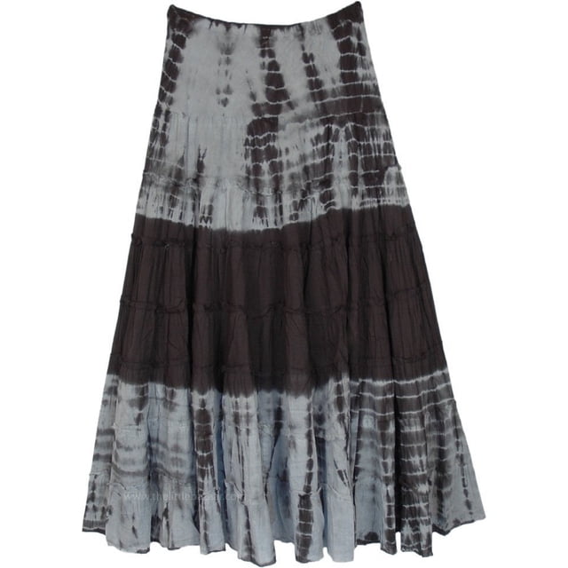 Women Retro Style Skirt Elastic Waist Tie-dyed Print Ruffled Long Skirt