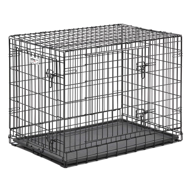 MidWest Ultima Pro Double-Door Folding Dog Crate constructed from black professional gauge steel wire featuring front and side doors with two slide bolt latches each, removable leak-proof plastic pan, rubber feet to protect floors, and folds flat for easy storage and travel.