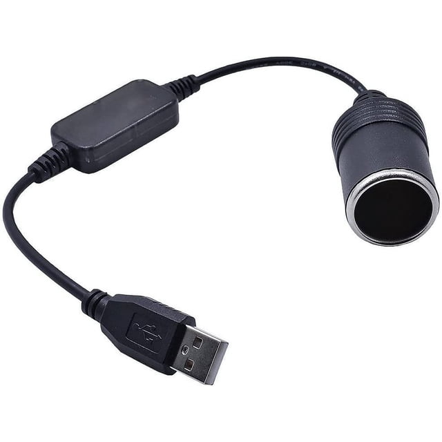 Universal 12V Car Charger Adapter for Cigarette Lighter Socket, featuring a black PVC cable with a USB male connector on one end and a 12V cigarette lighter socket on the other. The adapter converts USB power (5V, 2A) to a 12V output (8W), suitable for powering car electronics like dash cams, chargers, and other devices. The cable length is 50cm, designed for convenience and portability.
