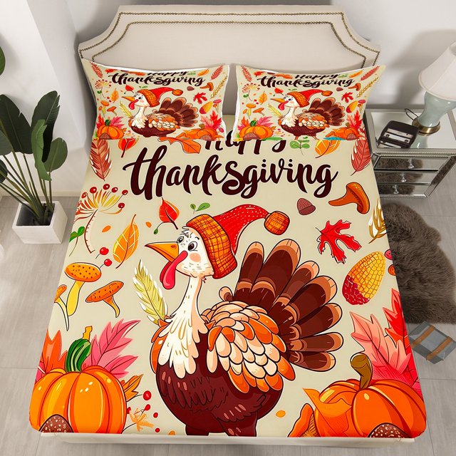 YST Ensemble de Literie Joyeux Action de Grâce Drap-Housse Dinde Mignonne Draps de Lit Citrouille d'Automne Récolte Feuilles d'Érable d'Automne Style Rustique de Ferme Ensemble de Lit Format Simple
