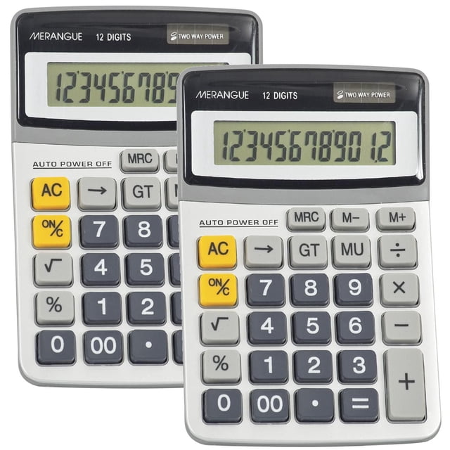 Merangue Standard 12-Digit Desktop Calculator 2 Pack featuring two grey basic calculators with tilted displays for glare resistance, dual solar and battery power, yellow AC and ON/C buttons, memory and arithmetic keys, ideal for office and school use.