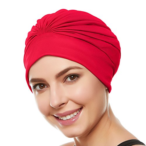 Beemo Bonnet de Bain pour Femmes Turban Doublé en Polyester Latex Plissé pour Femmes et Filles Cheveux Longs/courts - Rouge