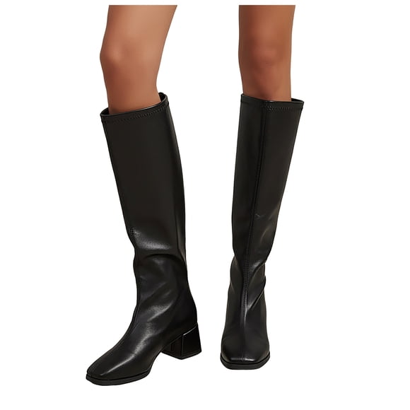 Rokment Knee High Boots for Women Fall Winter Fashion Leather Square Toe Chunky Block Mid Heel Slouchy Long Tall Dress Boots with Back Zipper
